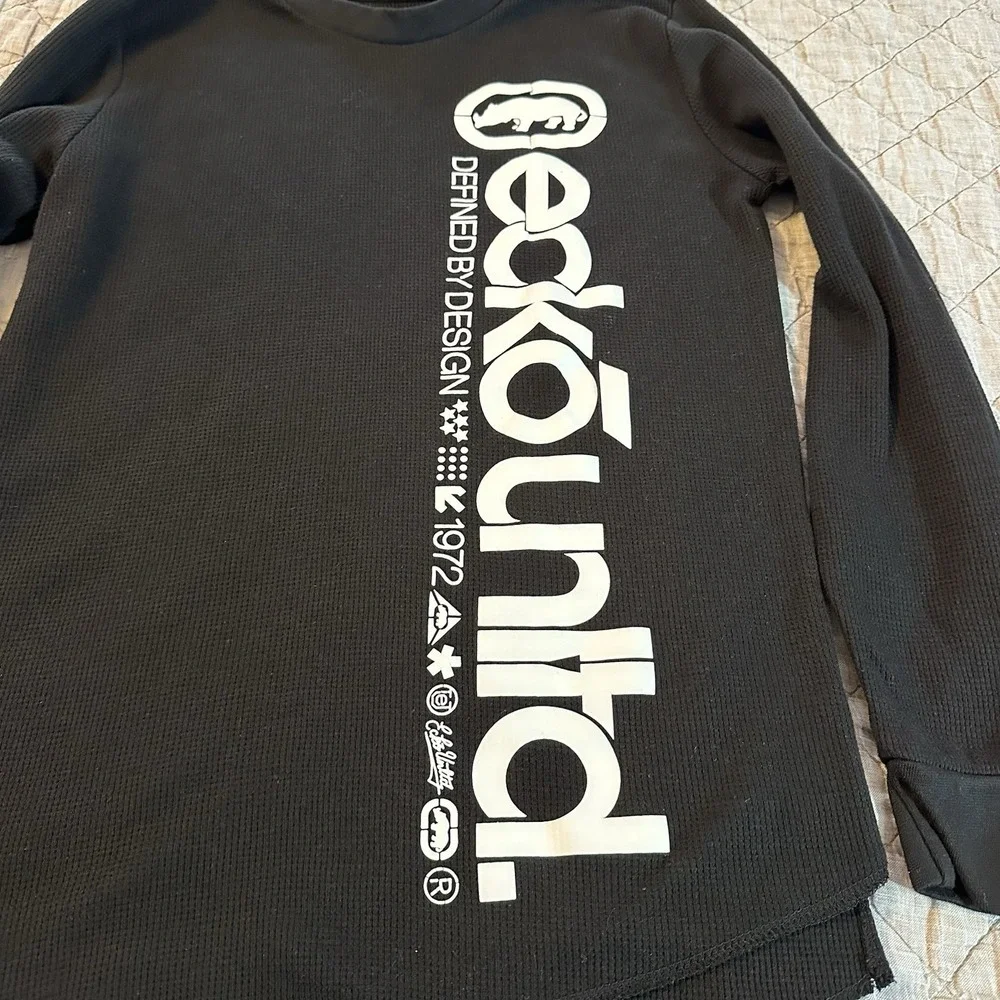 Ecko Unltd Mens Small Black Waffle Knit Long Sleeve‎ Logo Y2K Streetwear